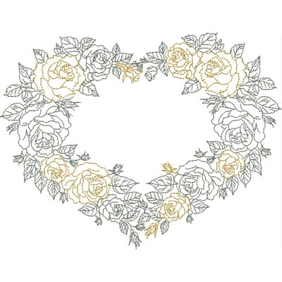 An embroidery design of a heart-shaped arrangement of roses, featuring both outlined and golden-thread details.