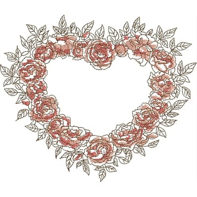 An embroidery design of a heart-shaped arrangement of roses surrounded by delicate leaves.
