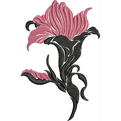 An embroidery design of a stylized flower with pink petals and intricate black leaves.