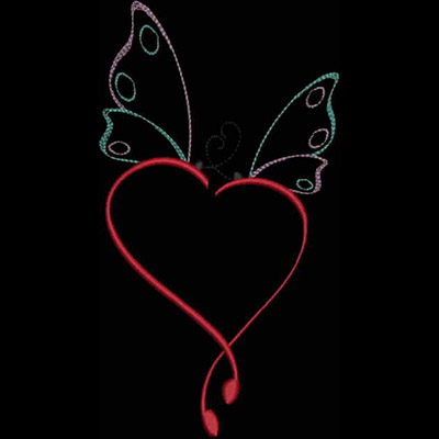 An embroidery design of a red heart with two colorful butterfly wings perched above it.