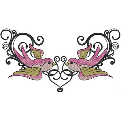 An embroidery design of two stylized birds in pink and yellow, elegantly surrounded by swirling decorative elements.