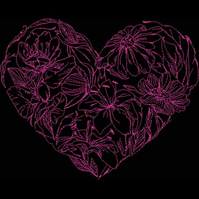 An embroidery design of a heart shape filled with detailed floral patterns in vibrant pink.