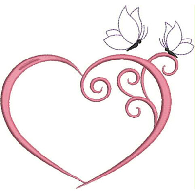 An embroidery design of a stylized pink heart adorned with delicate swirling vines and two butterflies.