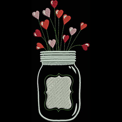 An embroidery design of a mason jar filled with colorful heart-shaped flowers.