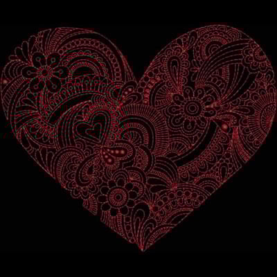 An embroidery design of a heart filled with intricate floral and swirling patterns in a deep red color.