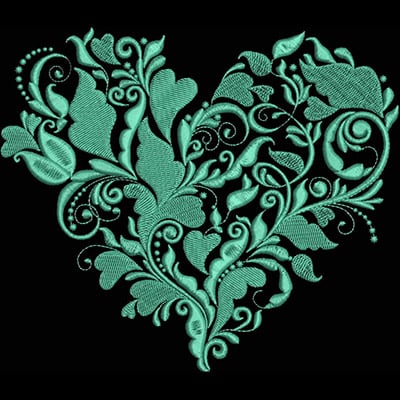 An embroidery design of an intricately detailed heart shape adorned with swirling vines and leaves in a vibrant teal color.