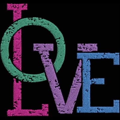 An embroidery design of the word "LOVE" featuring bold, colorful letters in pink, green, and purple.