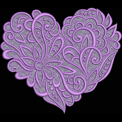 An embroidery design of a heart featuring intricate floral patterns and swirling vines in shades of purple.