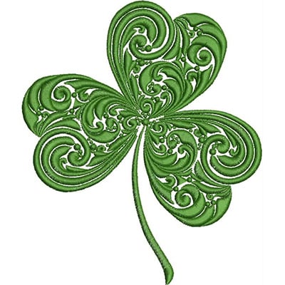 An embroidery design of a decorative green shamrock with intricate swirling patterns.