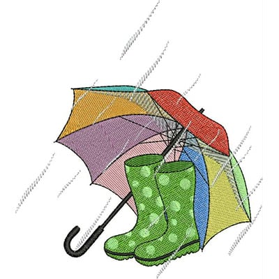 An embroidery design of a colorful umbrella paired with bright green polka-dotted rain boots.