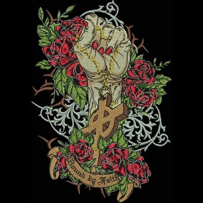 An embroidery design of a raised fist adorned with a cross and surrounded by vibrant red roses and green leaves.