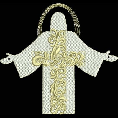 An embroidery design of a figure with outstretched arms, adorned with an ornate cross that features intricate floral patterns.