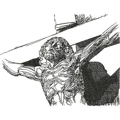 An embroidery design of a figure depicting a crucifixion scene, highlighting detailed features and expressions of the subject.