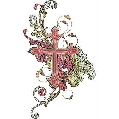 An embroidery design of an ornate cross surrounded by elegant floral swirls and decorative elements in soft colors.