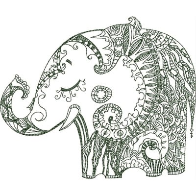 An embroidery design of a beautifully detailed elephant featuring intricate patterns and flowing lines.