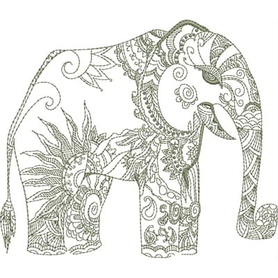 An embroidery design of an intricately patterned elephant featuring floral and swirling motifs.