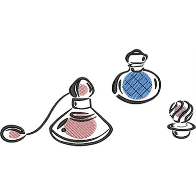 An embroidery design of three stylized perfume bottles, featuring varying shapes and colors.