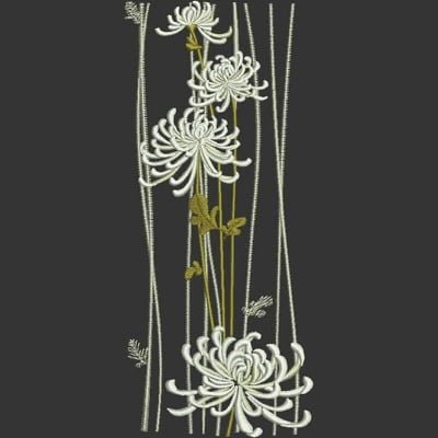 An embroidery design of delicate, white chrysanthemums with slender stems and subtle green leaves, arranged in an elegant vertical composition.