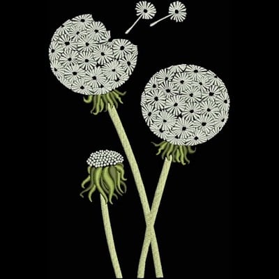 An embroidery design of three delicate dandelion flowers, featuring intricate white petals and green stems.
