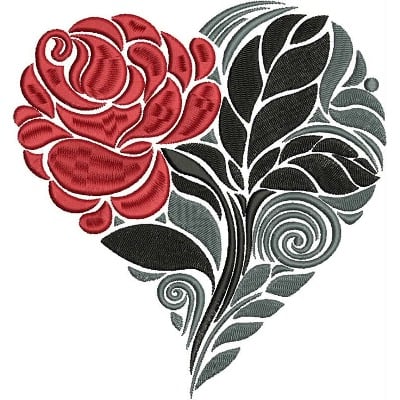 An embroidery design of a red rose intertwined with elegant black leaves, forming a heart shape.