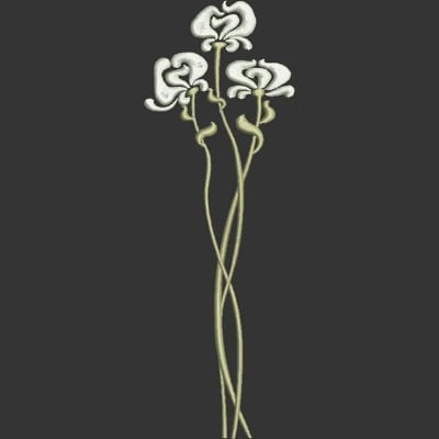An embroidery design of three elegantly intertwined flowers with delicate white petals and slender green stems.