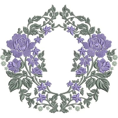 An embroidery design of an ornate floral arrangement featuring lavender roses and delicate violets intertwined with green leaves.