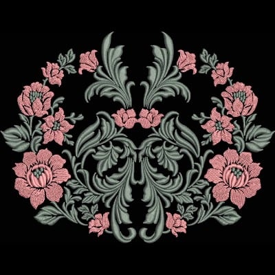 An embroidery design of ornate floral motifs featuring pink roses and intricate green leaves arranged in a symmetrical pattern.