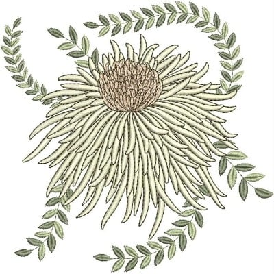An embroidery design of a large, intricate flower with long, slender petals surrounding a textured center, adorned with delicate green leaves.