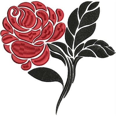 An embroidery design of a vibrant red rose with a sleek black stem and leaves.