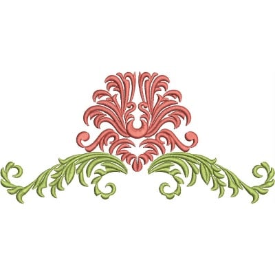 An embroidery design of an ornate floral motif in pink with intricate green scrollwork on either side.