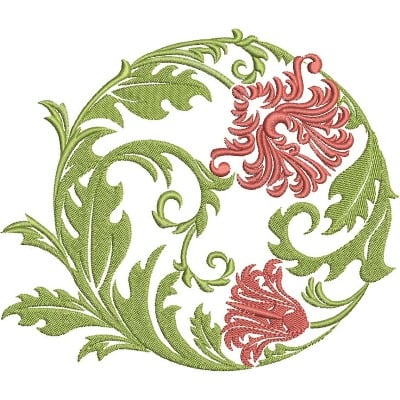 An embroidery design of swirling green leaves and intricate red floral elements arranged in a circular pattern.