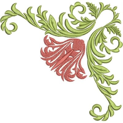 An embroidery design of ornate green leaves gracefully framing a pink bell-shaped flower.