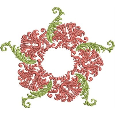 An embroidery design of a symmetrical floral motif featuring intricate red and green swirls arranged in a circular pattern.