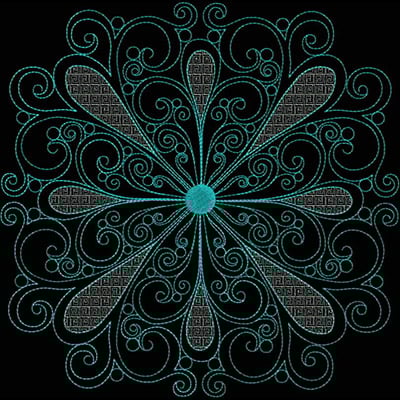 An embroidery design of a delicate floral pattern featuring flowing swirls and teardrop shapes radiating from a central circle in a vibrant turquoise hue.