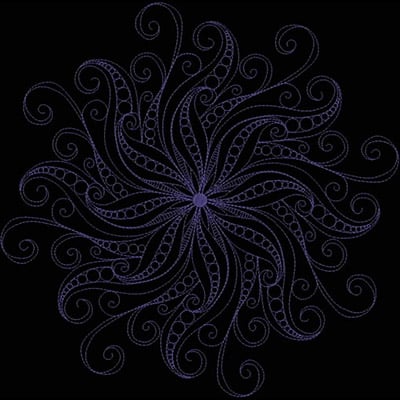 An embroidery design of a swirling, floral-like pattern featuring ornate lines and circles in shades of purple.