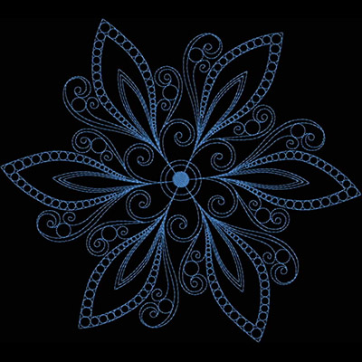 An embroidery design of a symmetrical floral pattern featuring intricate swirls and bold leaf shapes intertwined in shades of blue.