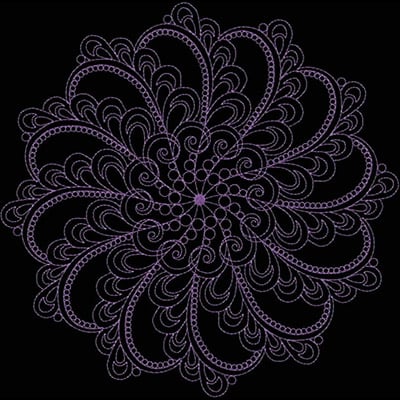 An embroidery design of an intricate floral pattern featuring swirling lines and loops in a circular arrangement.