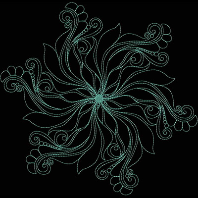 An embroidery design of an intricate floral pattern with swirling leaves and decorative elements radiating from a central point.