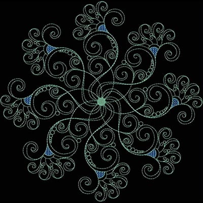 An embroidery design of an intricate, swirling floral pattern radiating symmetrically from a central point.
