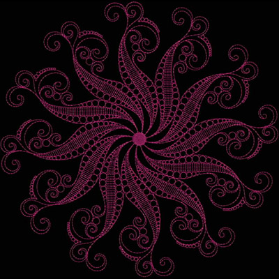 An embroidery design of a swirling floral pattern featuring intricate curves and loops in a rich pink color radiating from a central point.