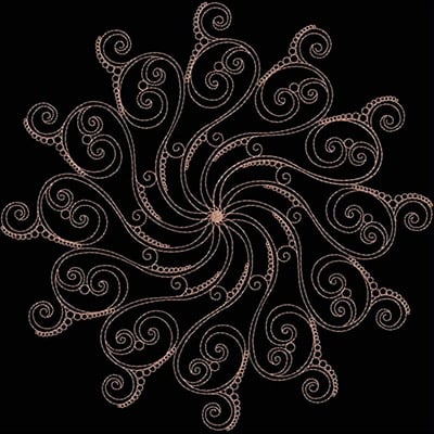 An embroidery design of a swirling, intricate pattern featuring elegant curves and loops radiating from a central point.