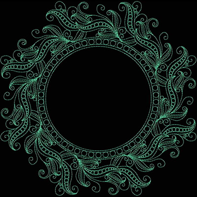 An embroidery design of a circular frame adorned with graceful swirls and floral motifs, creating an elegant and intricate border.