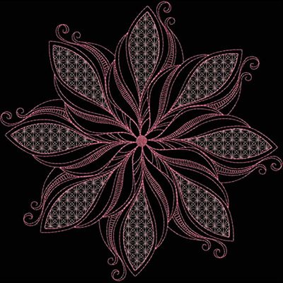 An embroidery design of an intricate floral motif featuring layered petals and delicate detailing in pink.