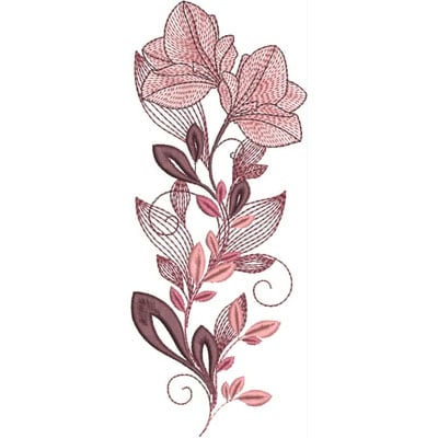 An embroidery design of a vertical arrangement of delicate flowers and leaves in shades of pink and burgundy.