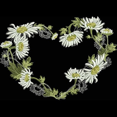 An embroidery design of a heart shape made up of white daisies and green leaves.