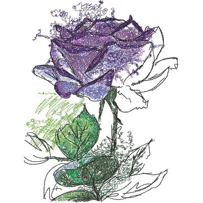An embroidery design of a beautifully crafted purple rose with detailed leaves and delicate floral elements.