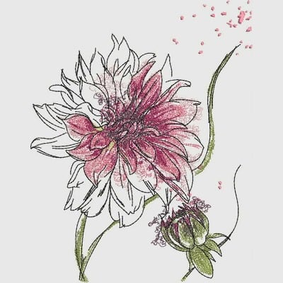 An embroidery design of a beautifully detailed blooming flower with shades of pink, complemented by a budding flower and delicate petals drifting nearby.