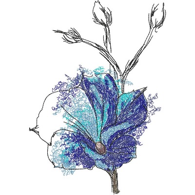 An embroidery design of a vibrant blue flower with intricate shading and delicate buds.