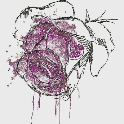 An embroidery design of a stylized rose with delicate linework and splashes of purple detail.