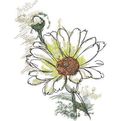 An embroidery design of a vibrant daisy flower with a brown center and delicate green accents.